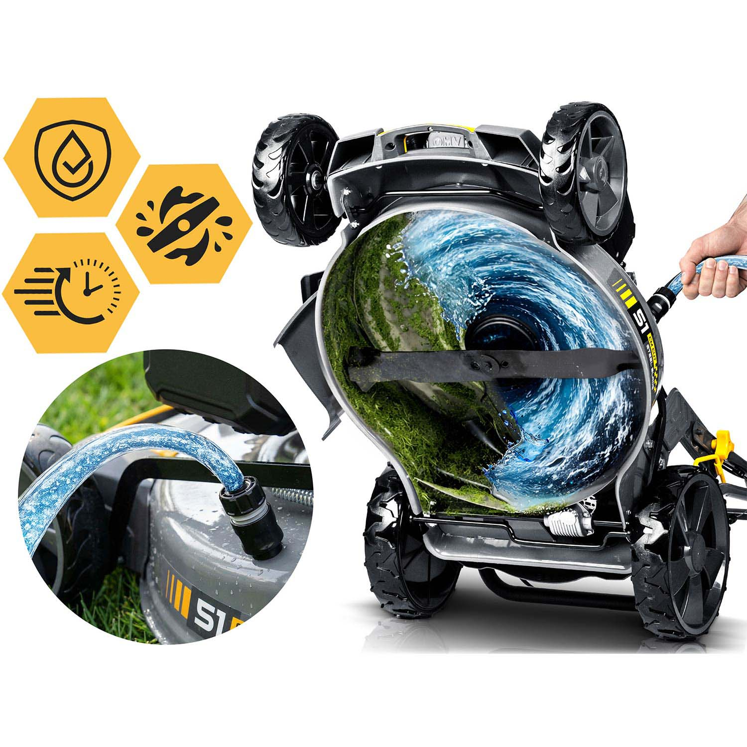 Kosiarka z przepływającą wodą. Ikony ochrony, ostrzy i czasu.