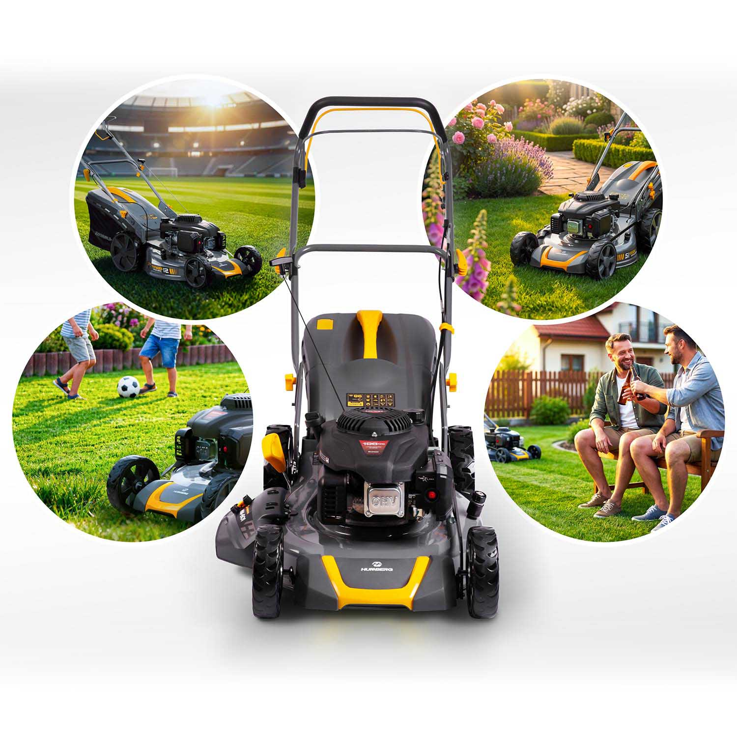 Kosiarka z 4 kołami: piłka, kwiaty, ludzie na ławce, stadion. Kosiarka w centrum.