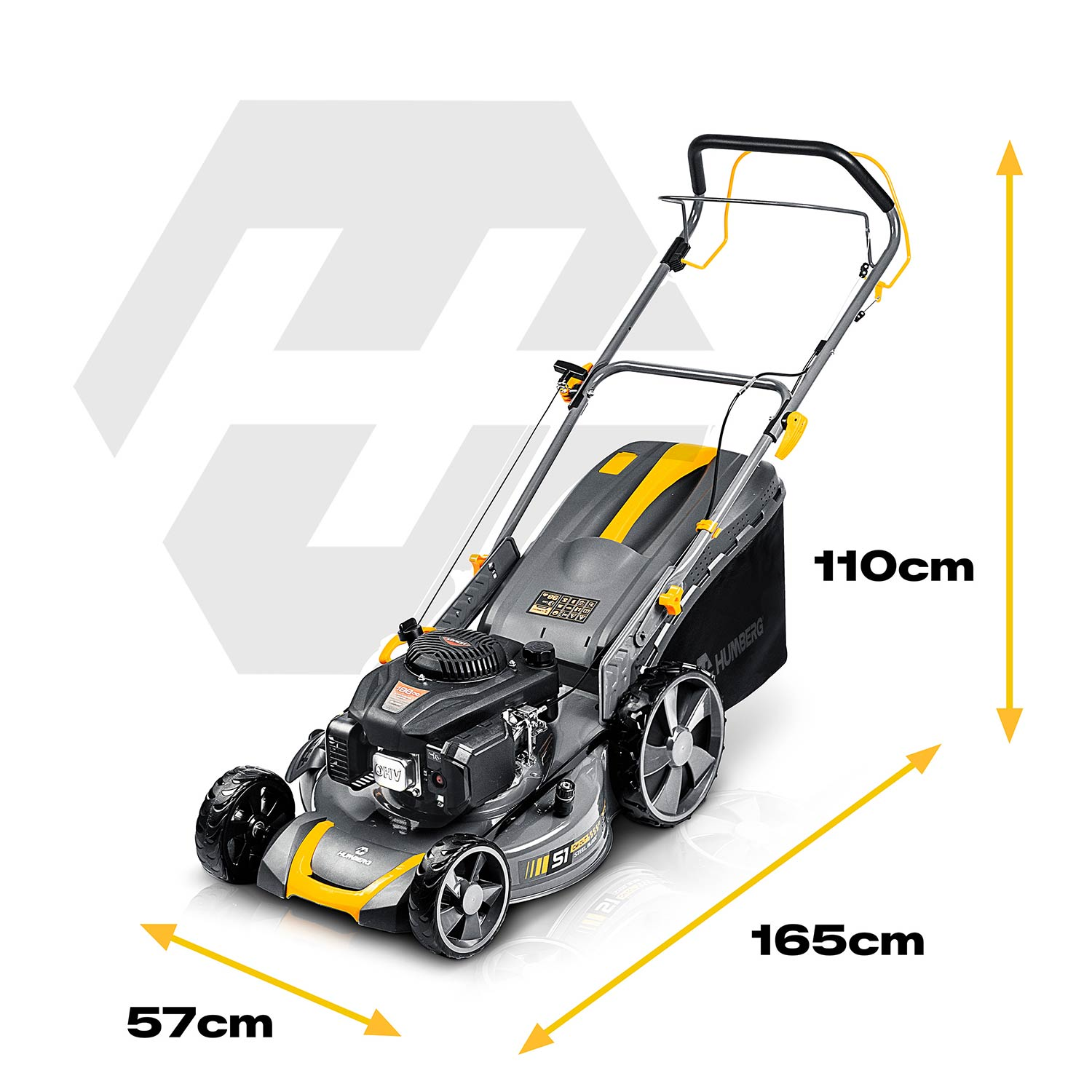 Szara kosiarka z żółtymi akcentami, 165x57x110cm.