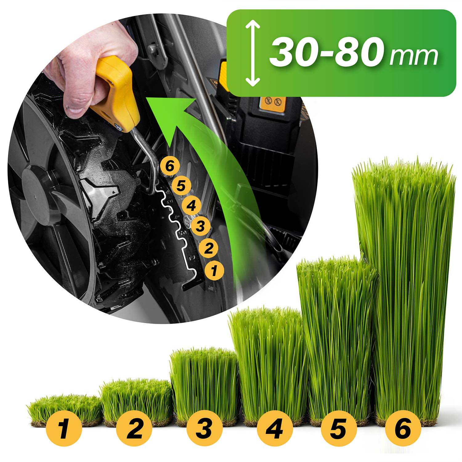 Ustawienie kosiarki: 6 poziomów 30-80mm trawy. Ręka reguluje dźwignię.