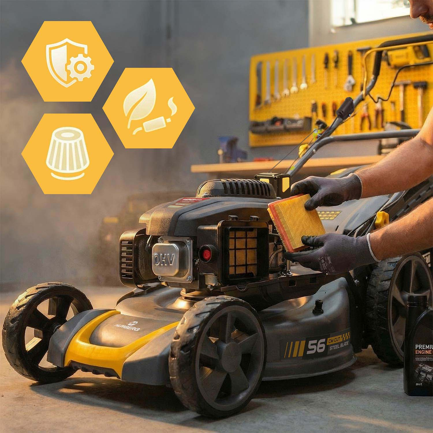 Mężczyzna wymienia filtr powietrza kosiarki. Ikony pokazują ochronę, środowisko i filtr.