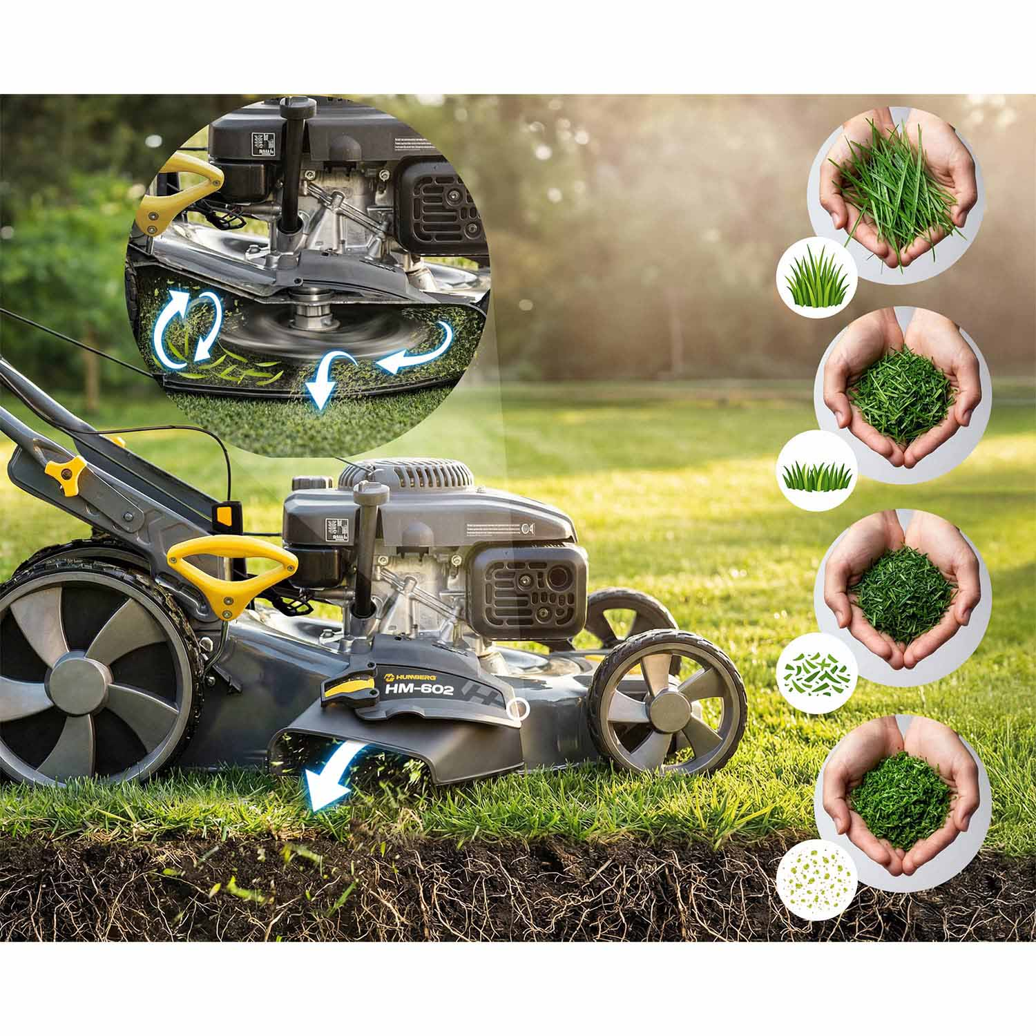 Kosiarka w akcji, pokazująca ścinki trawy o różnej wielkości. Zbllżeniowy widok silnika.