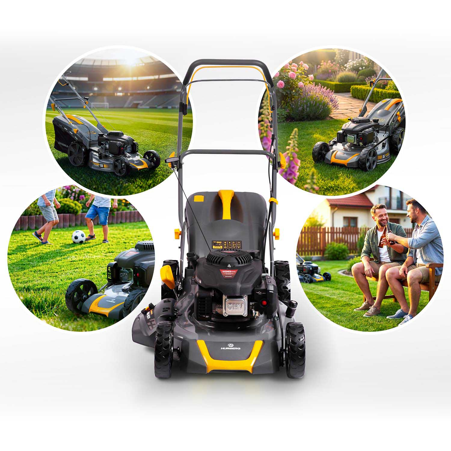 Kosiarka centralnie, ze scenami koszenia, piłki nożnej, ogrodu i relaksu.