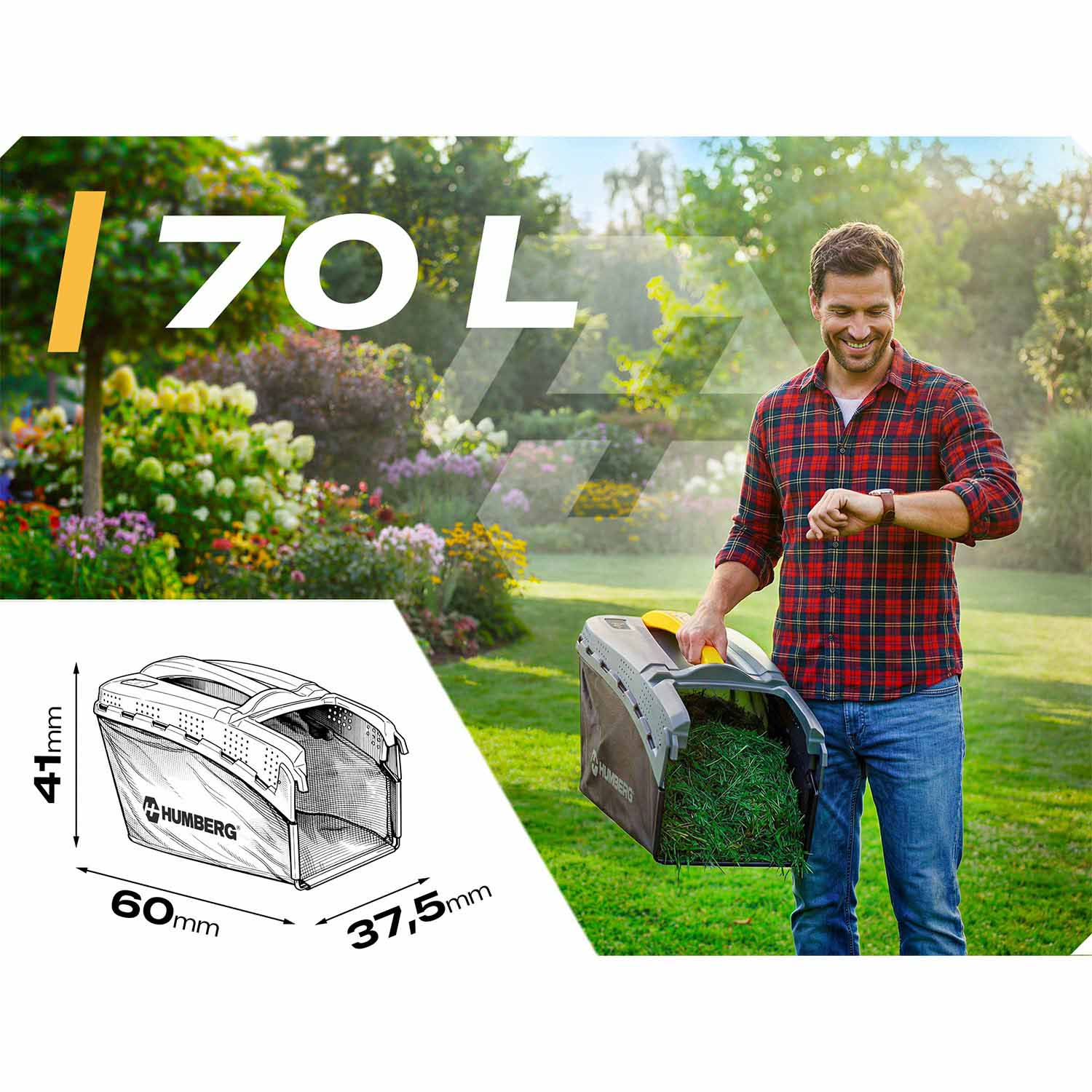 Mężczyzna z koszem na trawę w ogrodzie. Wymiary: 41x60x37,5mm.