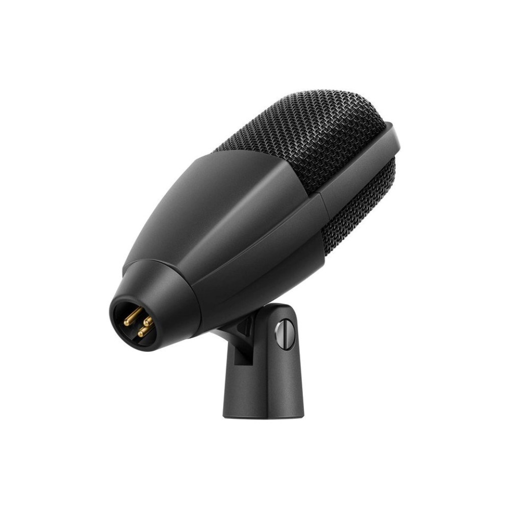 Czarny mikrofon na stojaku z trzpiniowym złączem.