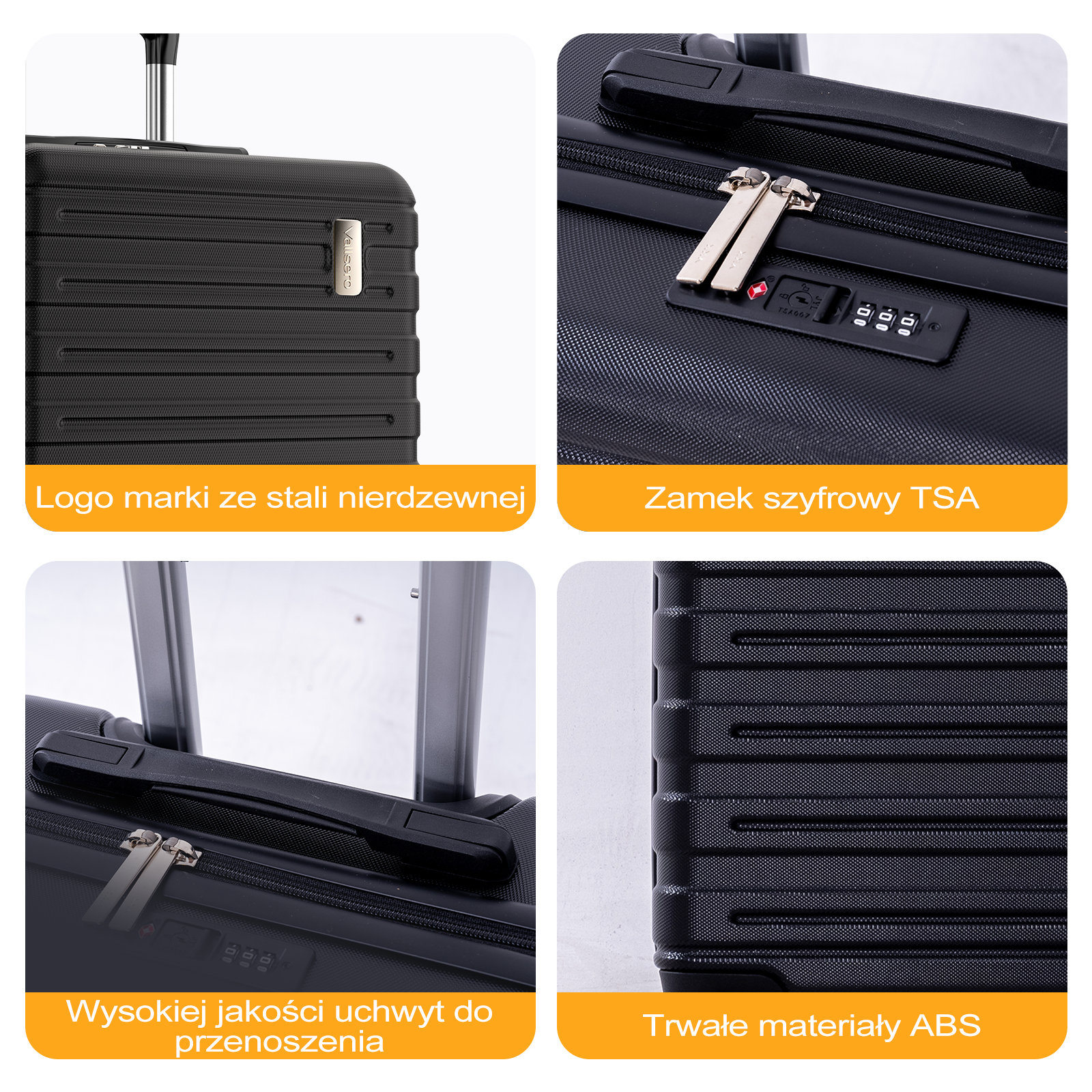 Czarna walizka z zamkiem TSA, metalowym logo, rączką i materiałem ABS.