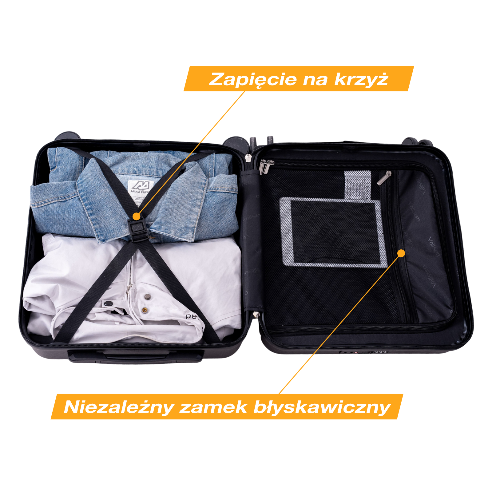 Otwarta walizka z ubraniami i tabletem. Pasek krzyżowy i kieszeń na zamek.