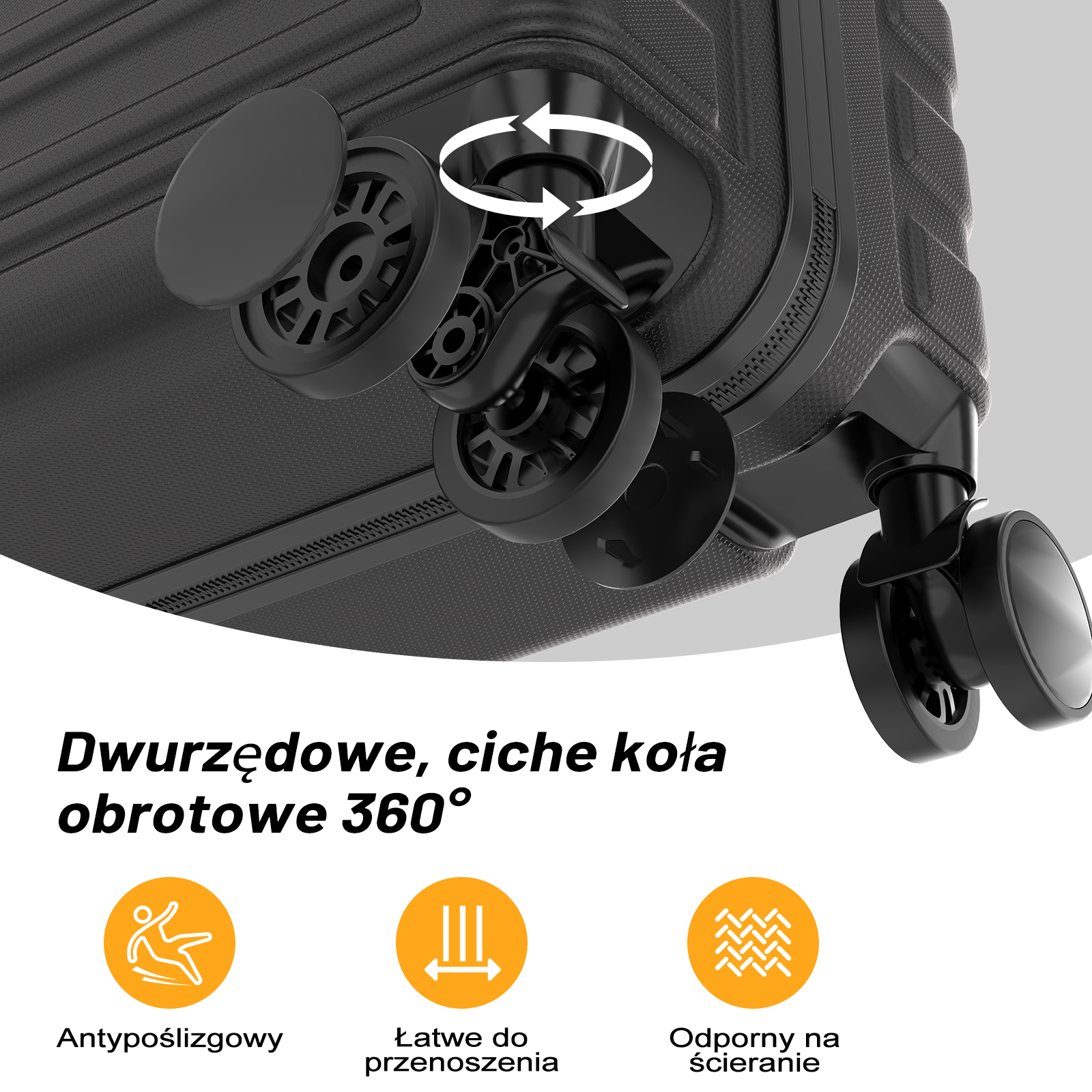 Czarna walizka z obrotowymi kołami 360 stopni i trzema ikonami.