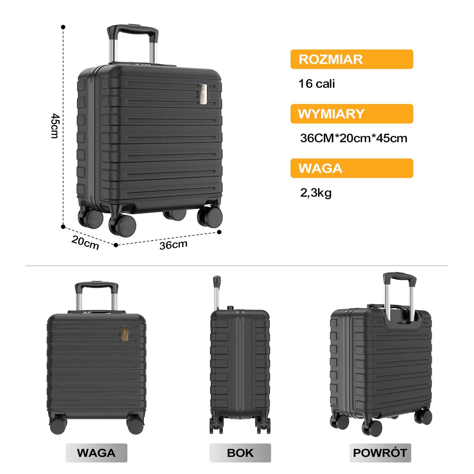 Czarna walizka z wysuwanym uchwytem i kółkami, pokazane wymiary.