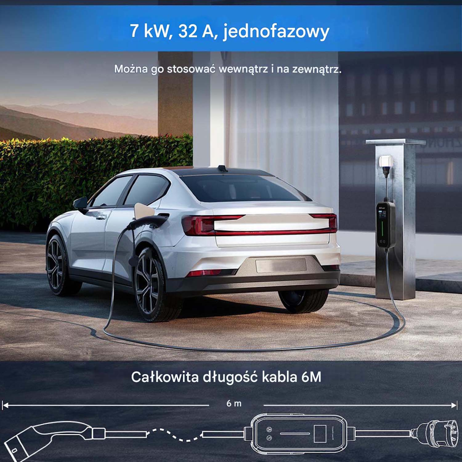 Srebrny samochód elektryczny ładuje się na stacji ładowania. Kabel łączy auto ze stacją.