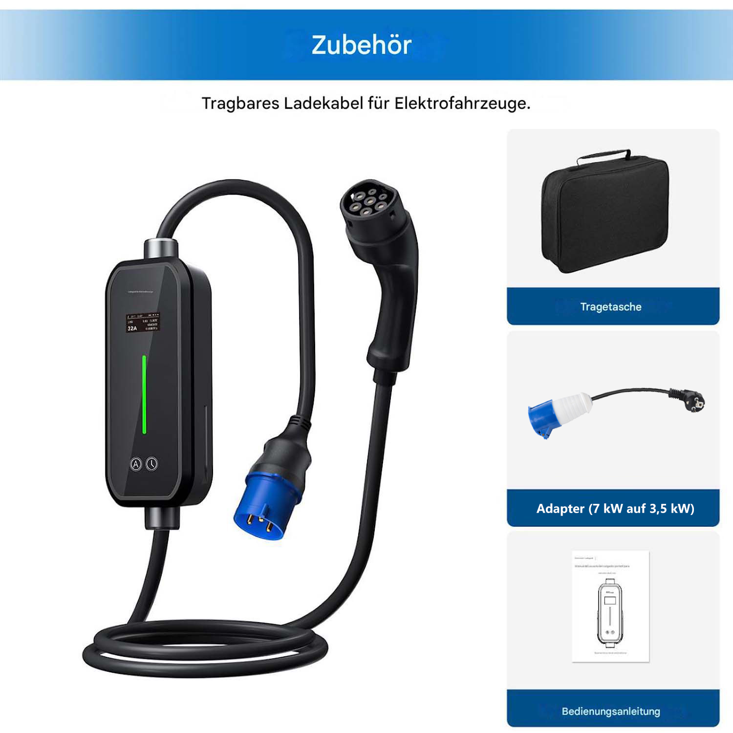 Przenośna ładowarka EV z adapterem, torbą i instrukcją.