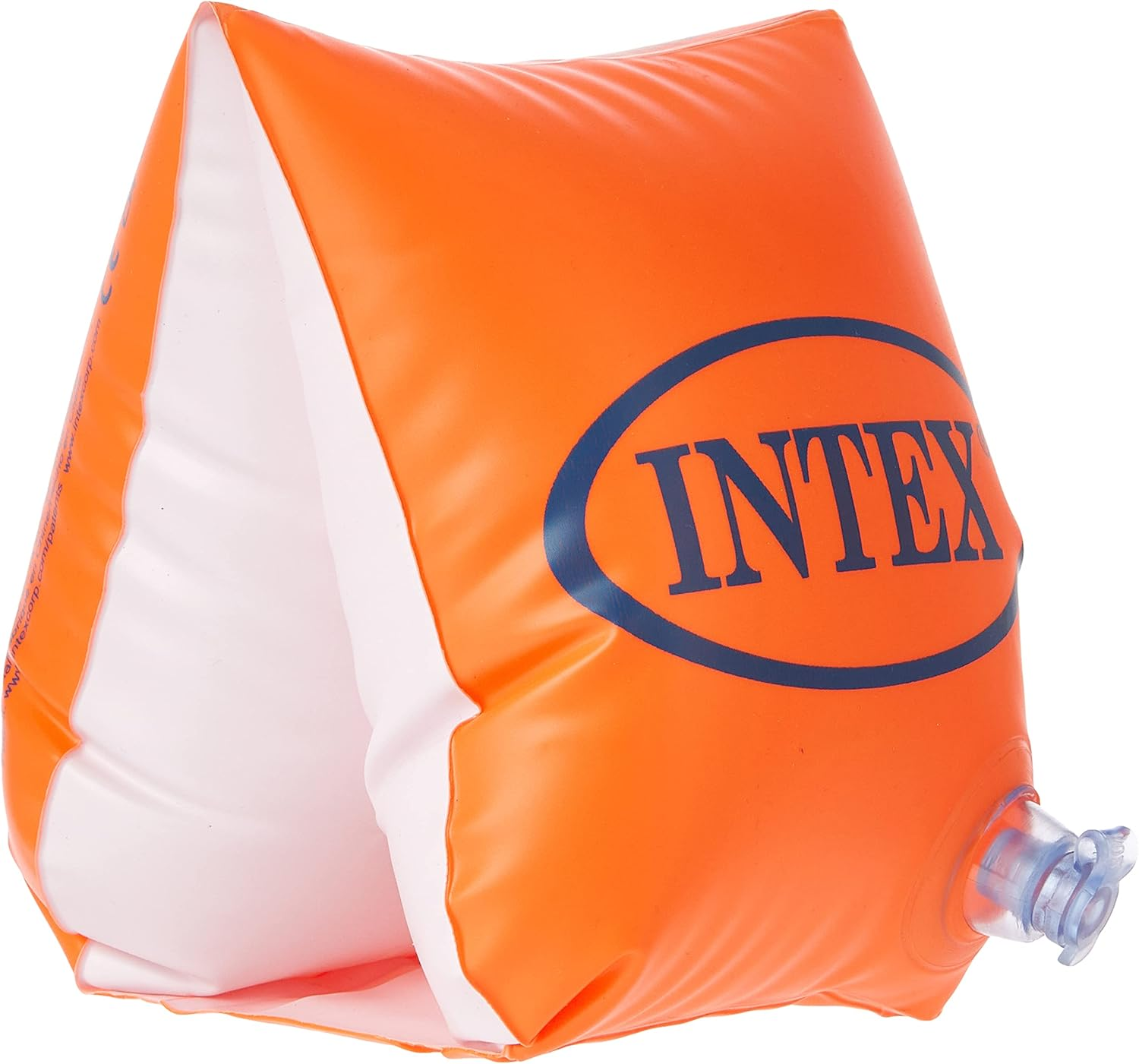 Orange Intex Schwimmflügel mit blauem Logo, auf weißem Hintergrund.