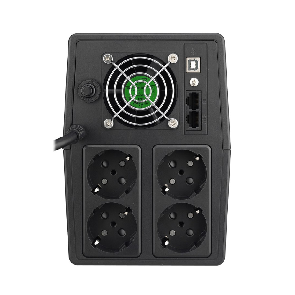 Tył czarnej jednostki UPS z wentylatorem, portami USB, sieciowymi i czterema gniazdami.