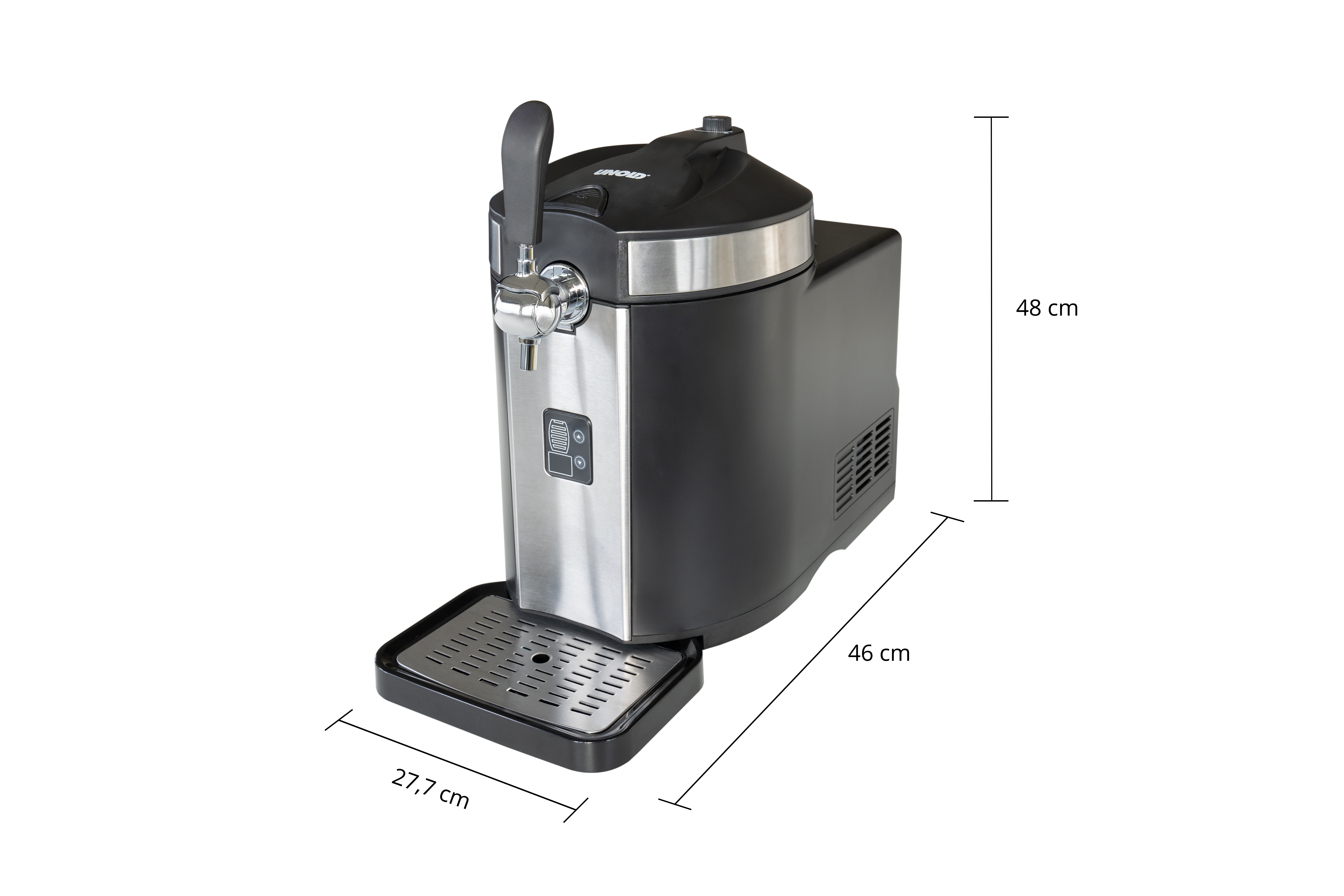 Un distributeur de bière noir avec accents chromés, 48 cm de haut, 46 cm de profondeur.