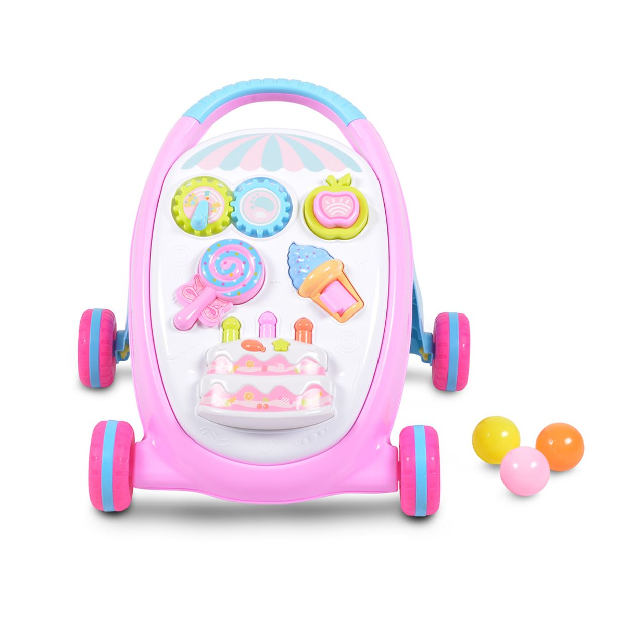Ein rosafarbener Lauflernwagen mit Spielzeug, darunter ein Kuchen, Eis und ein Lolli.