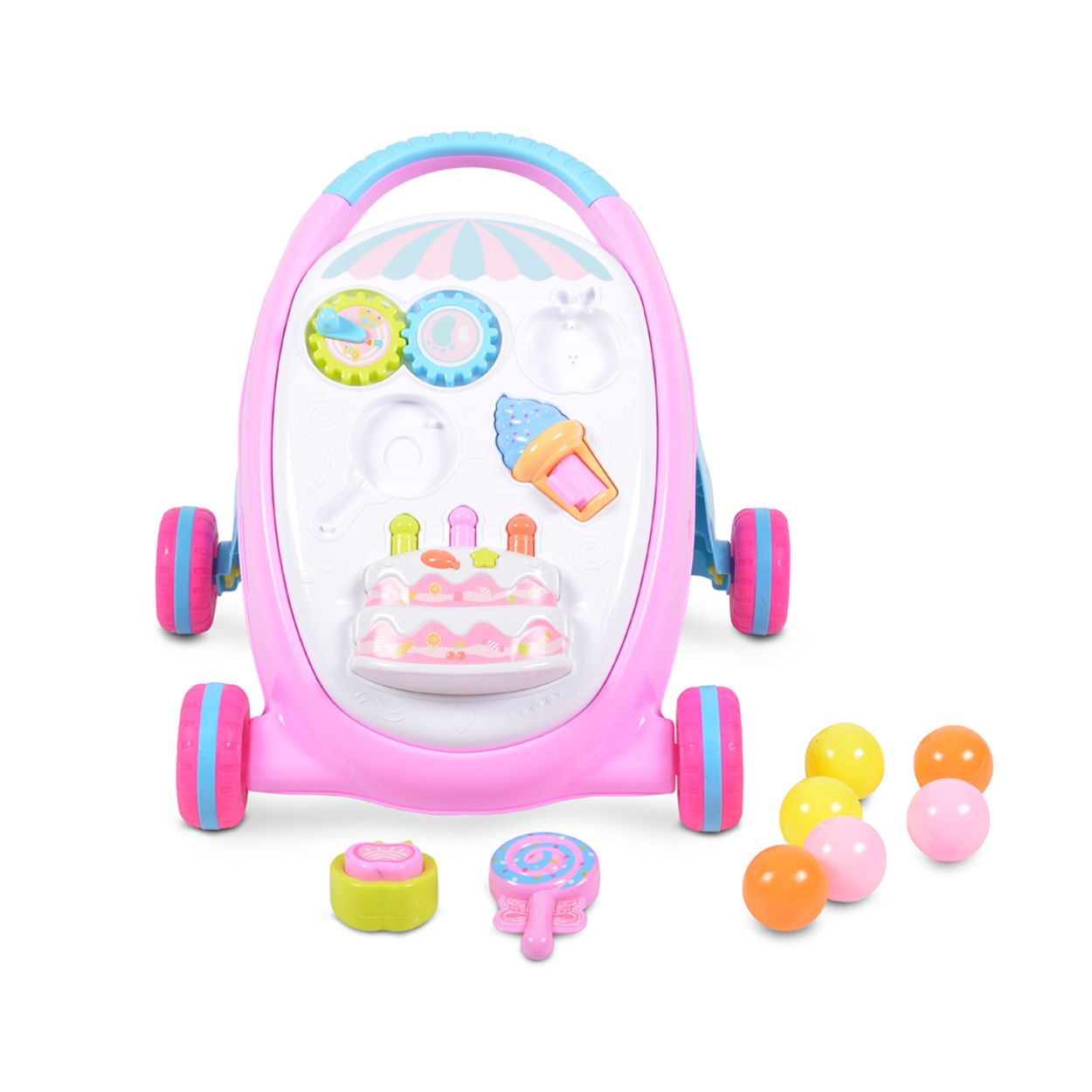 Ein rosafarbener Lauflernwagen mit Spielzeugkuchen, Eis und Bällen.