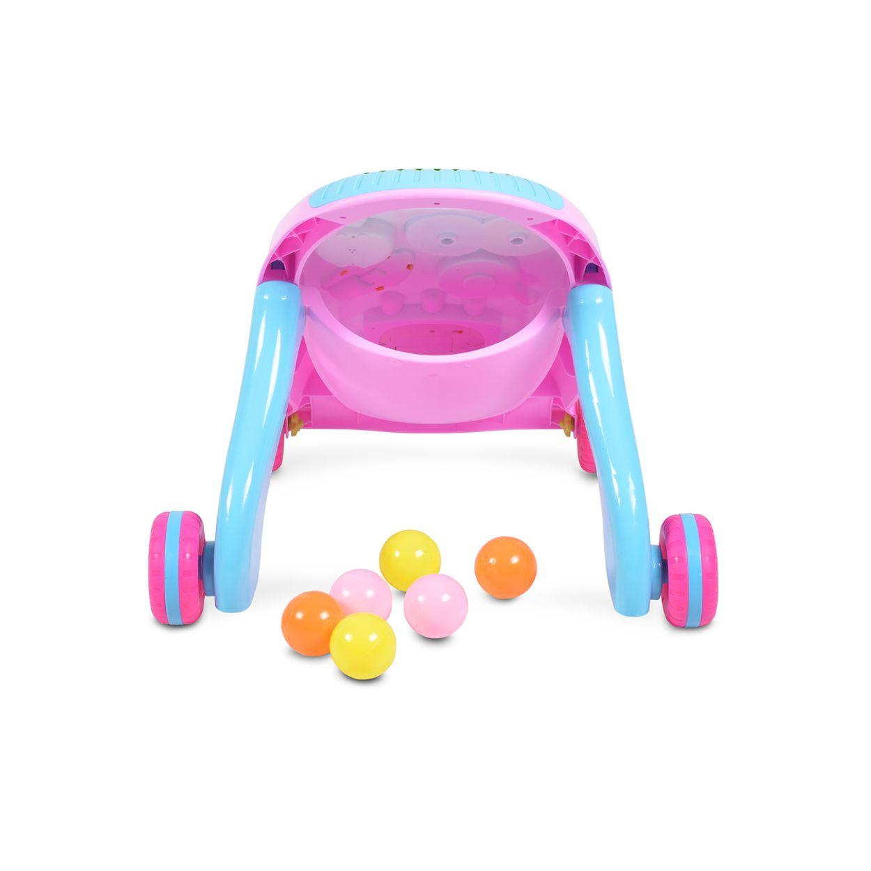 Ein rosa Spielzeug-Gehwagen mit blauen Griffen und bunten Bällen davor.
