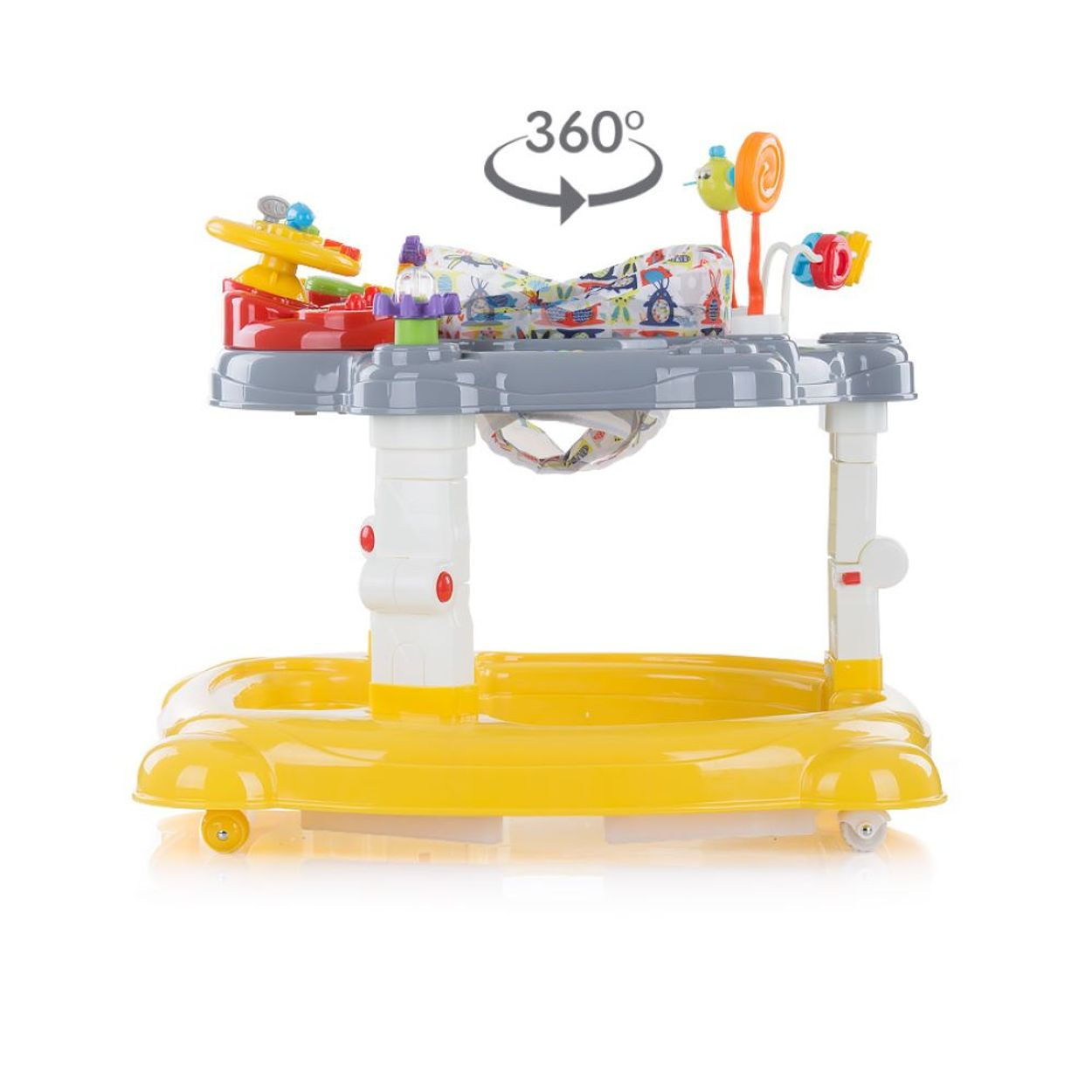 Ein gelber Baby-Lauflernwagen mit Spielzeug und einer 360-Grad-Drehanzeige.