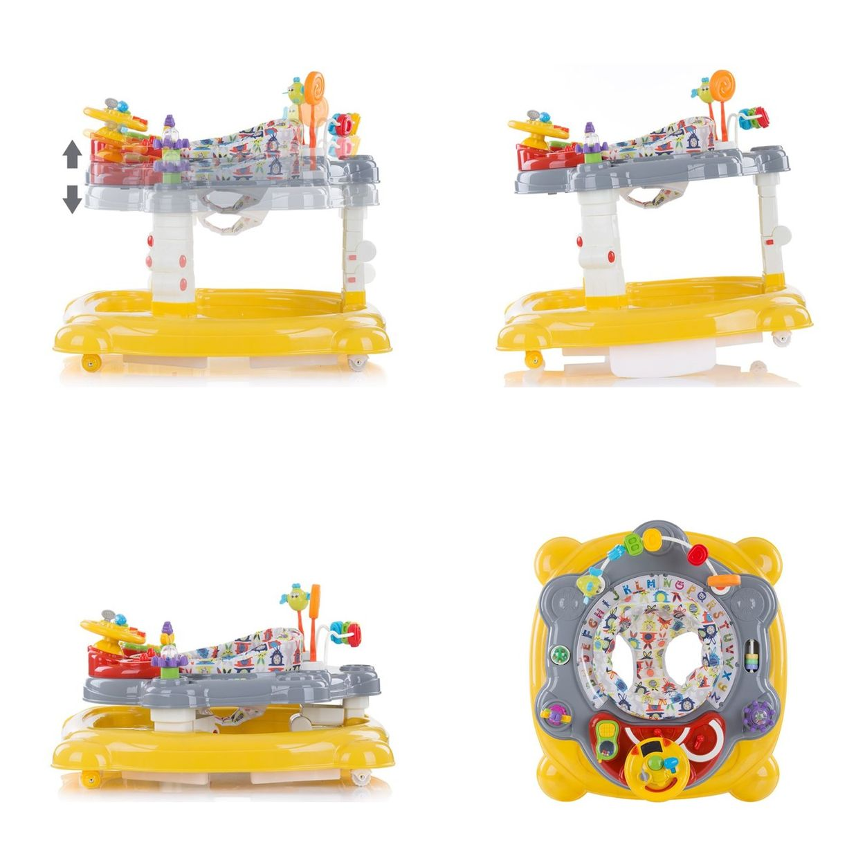 Ein gelber Baby-Lauflernhilfe mit Spielzeug und Buchstaben.