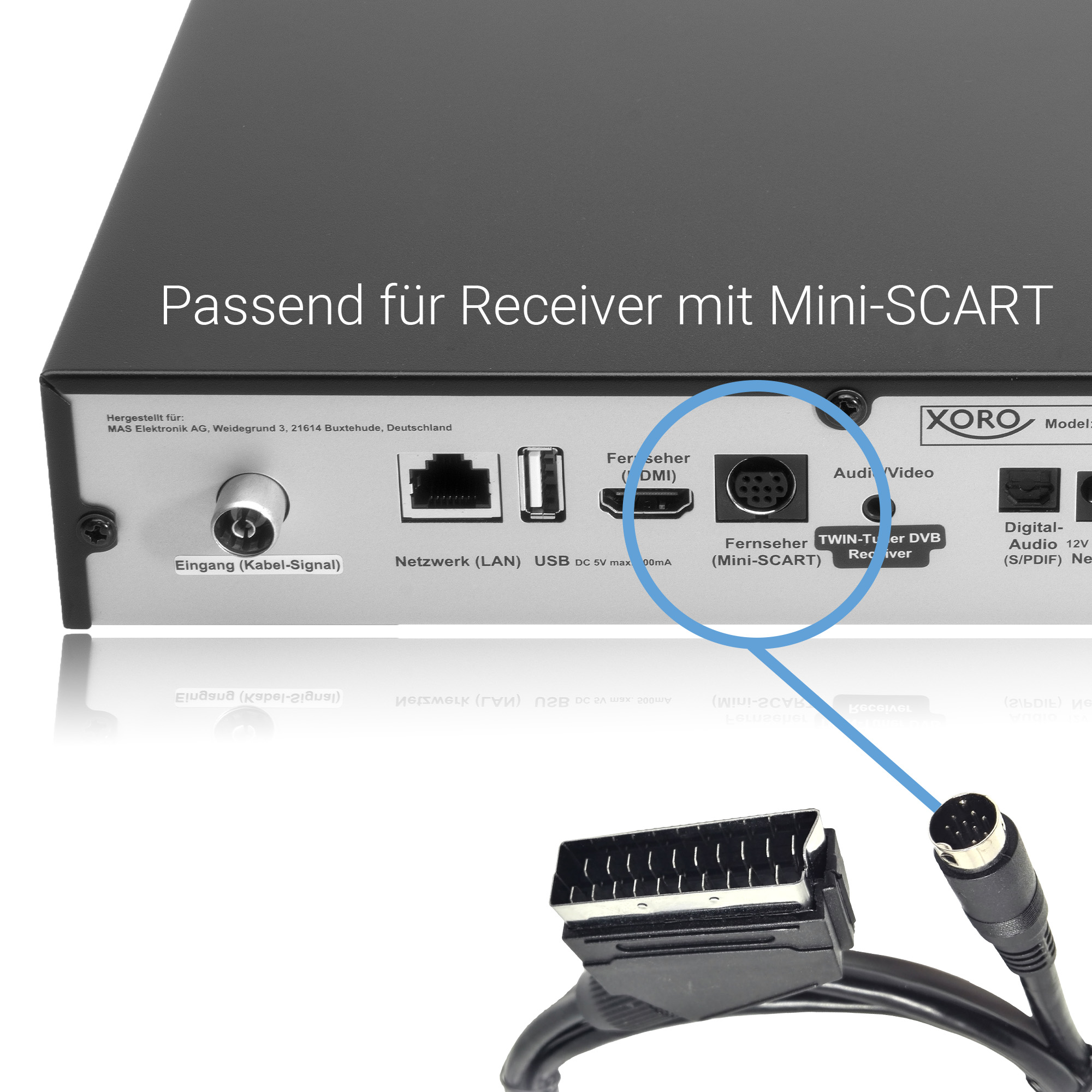 Rückseite eines Receivers mit Anschlüssen, inklusive SCART-Kabel und Mini-SCART-Anschluss.