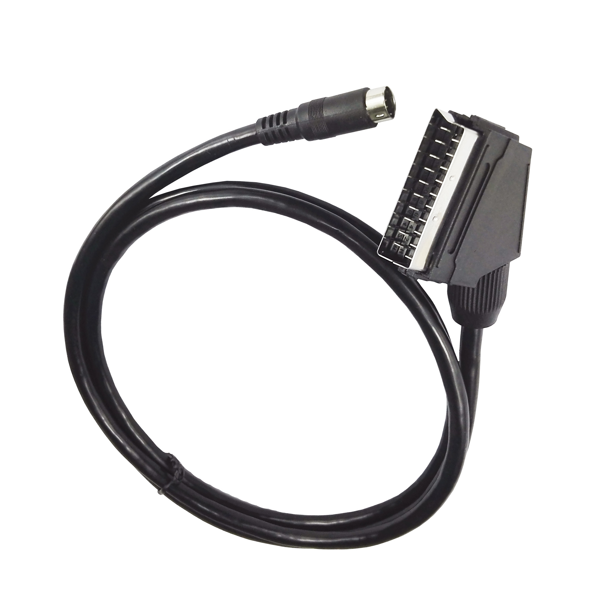 Ein schwarzes SCART-Kabel mit einem runden Stecker an einem Ende.