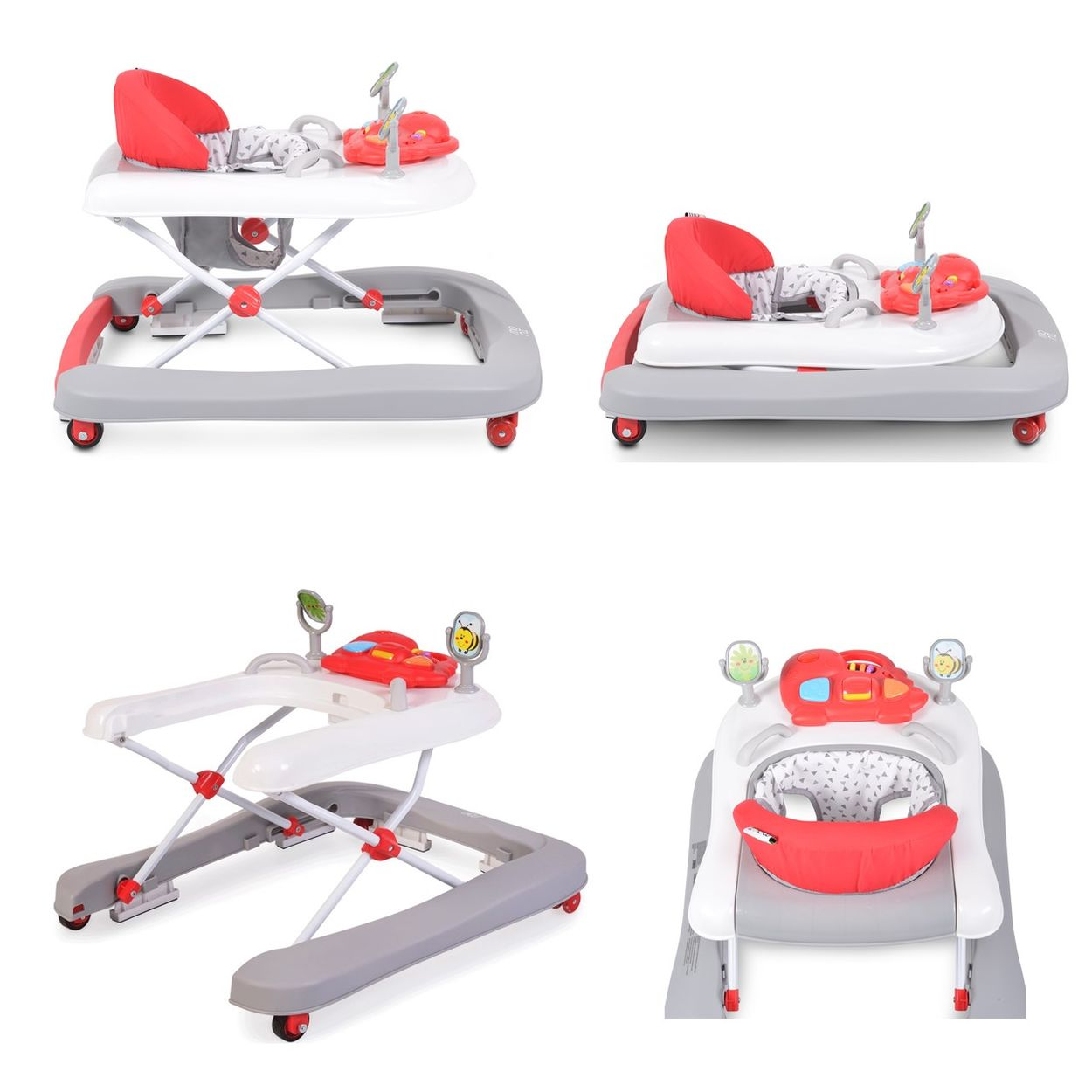 Ein Baby-Gehfrei in Grau und Weiß mit roten Akzenten und Spielzeug.