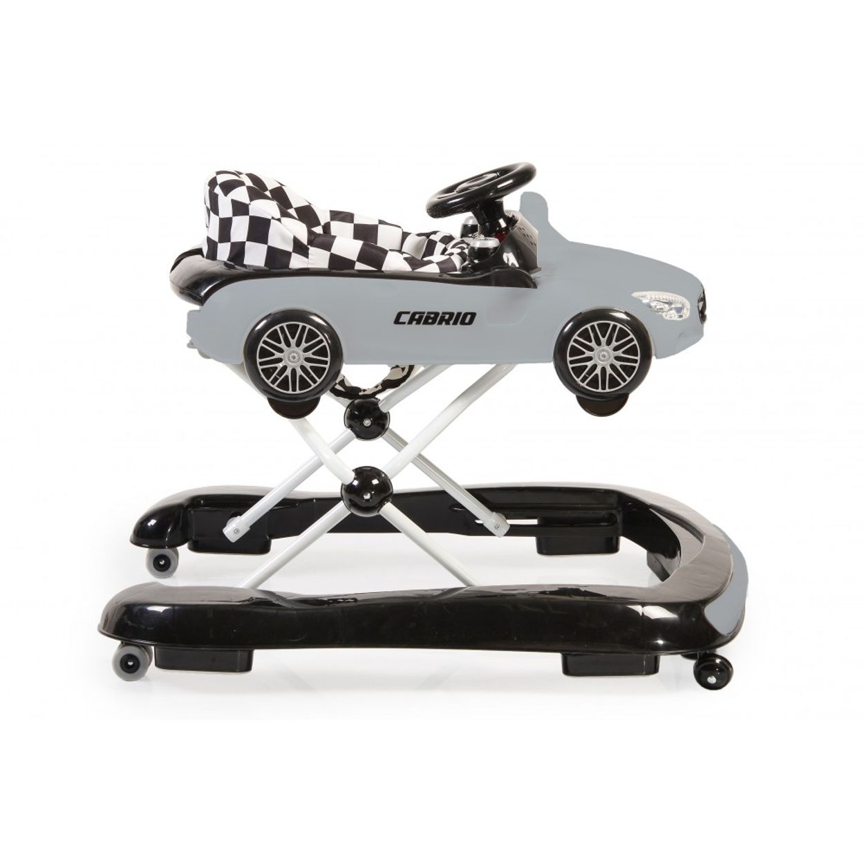 Ein grauer Baby-Lauflernwagen in Autform mit kariertem Sitz.