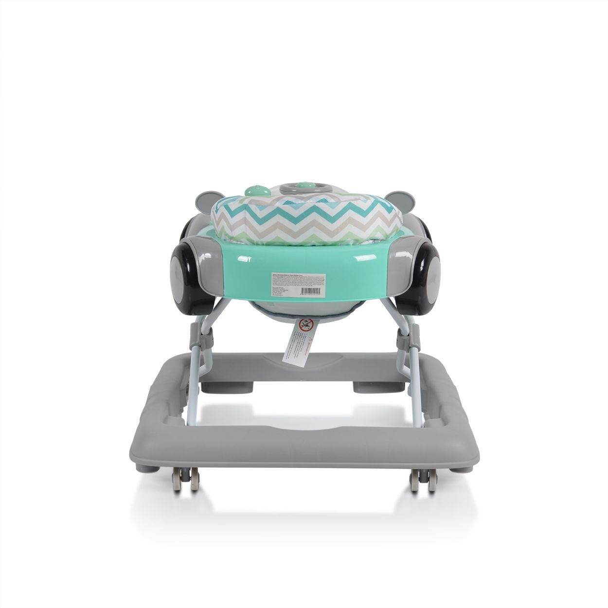 Ein Baby-Gehwagen in Türkis und Grau mit Zickzackmuster-Sitz.