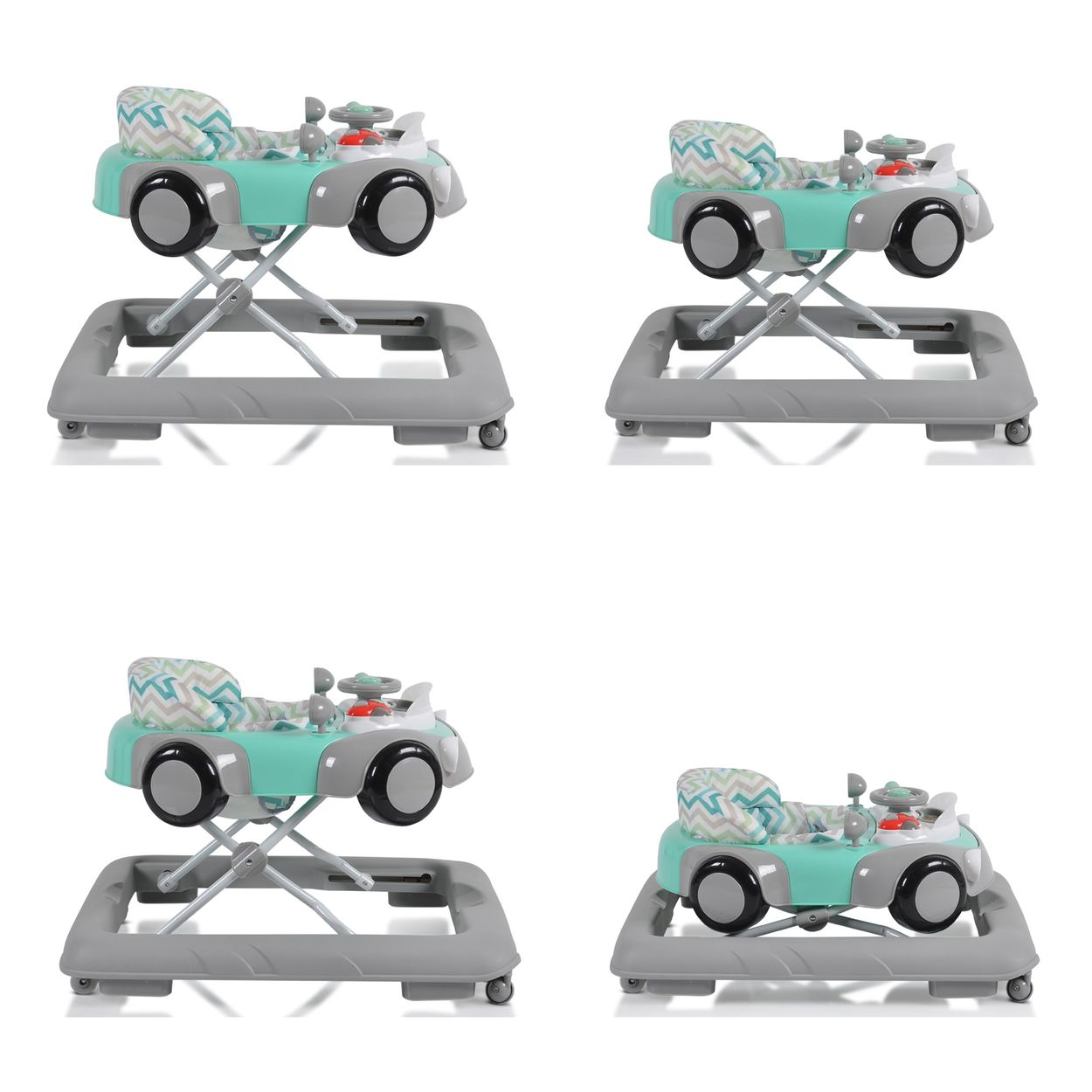 Ein mintgrüner Kinderwagen mit grauer Basis und Rädern.