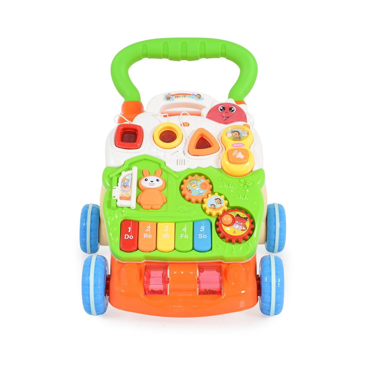 Ein bunter Baby-Lauflernwagen mit Musikklavier, Zahnrädern und Tierfiguren.