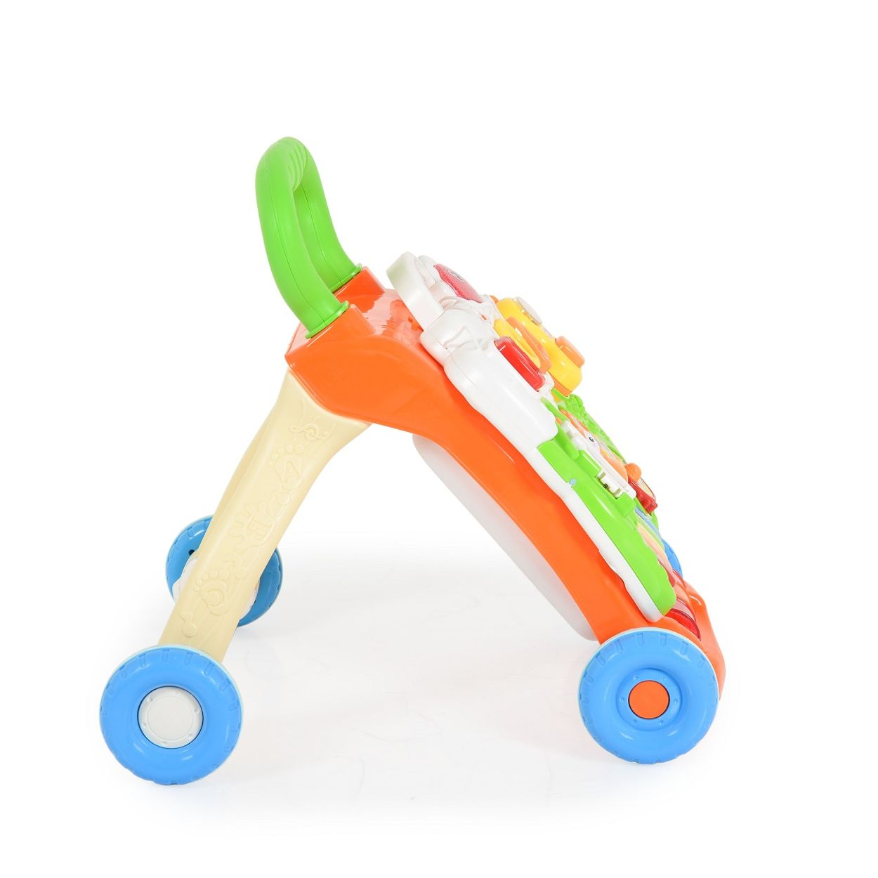 Ein bunter Lauflernwagen mit orangen, grünen und beigen Teilen und blauen Rädern.