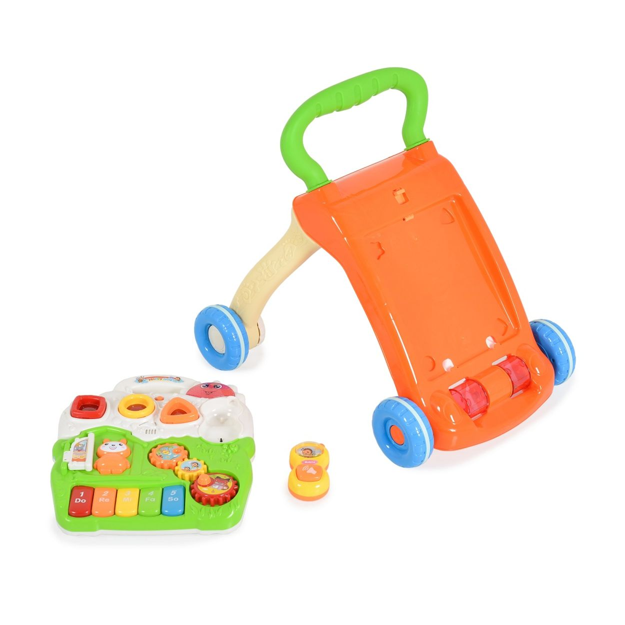 Ein orangefarbener Lauflernwagen mit grünem Griff und ein Spielzeug mit Tasten.