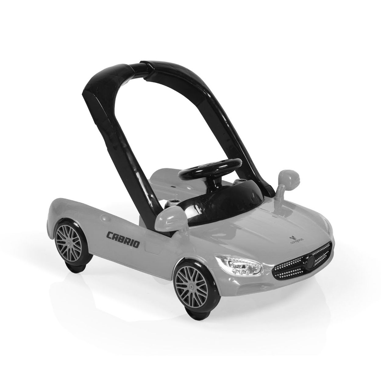 Graues Kinderauto mit schwarzem Überrollbügel und Lenkrad.