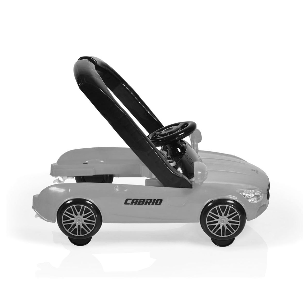 Graues Kinderauto mit schwarzem Lenkrad und Schiebegriff.