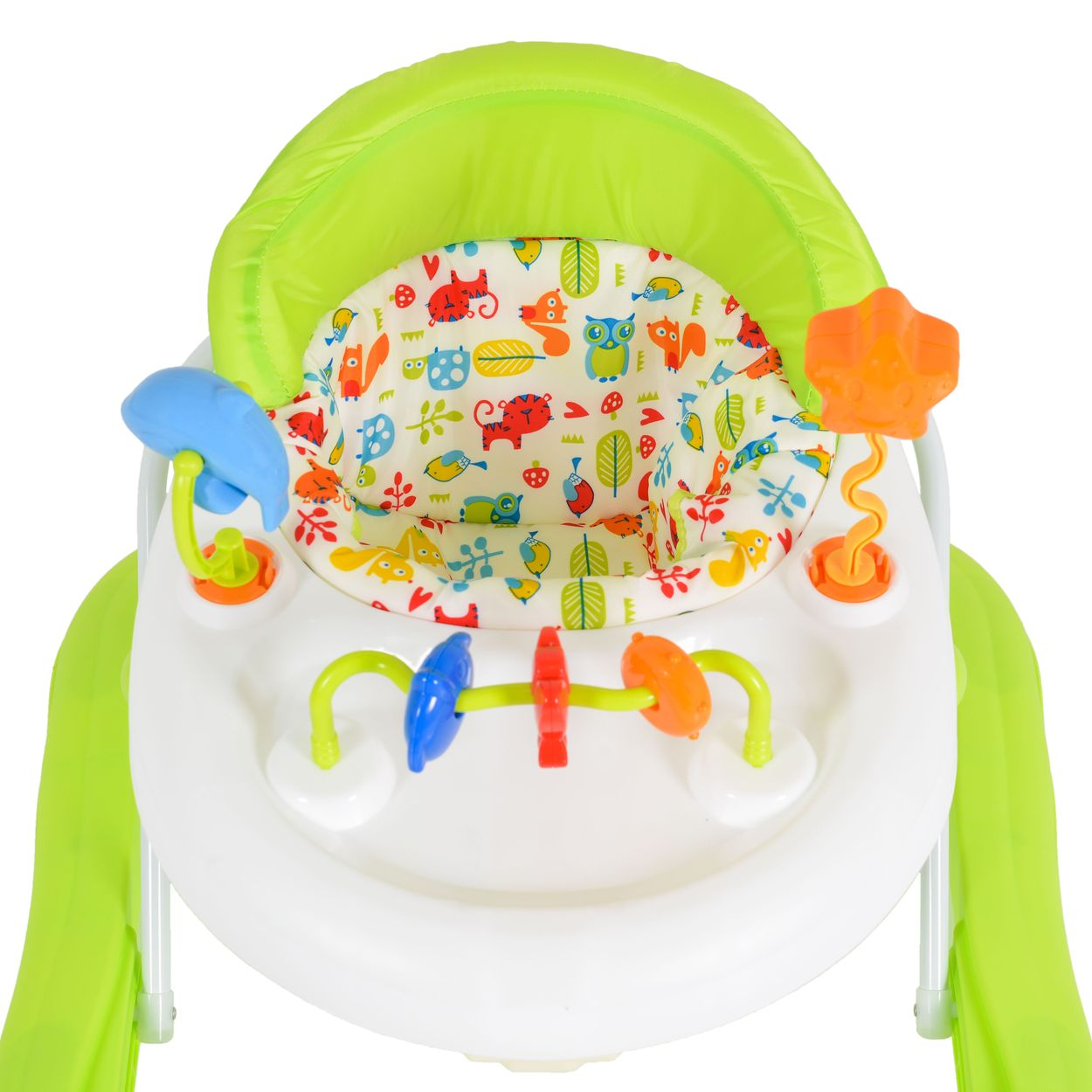 Ein grüner Babywalker mit Spielzeug und bunten Tiermotiven.