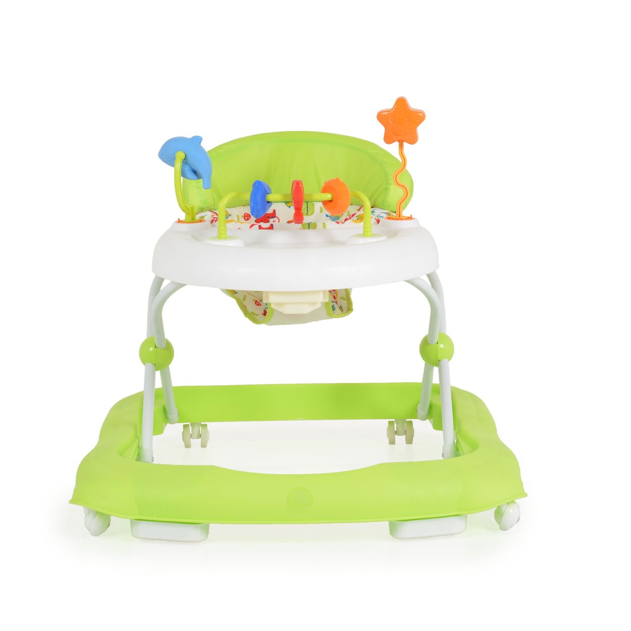 Ein grüner Babywalker mit Spielzeug wie einem Delfin und einem Stern.