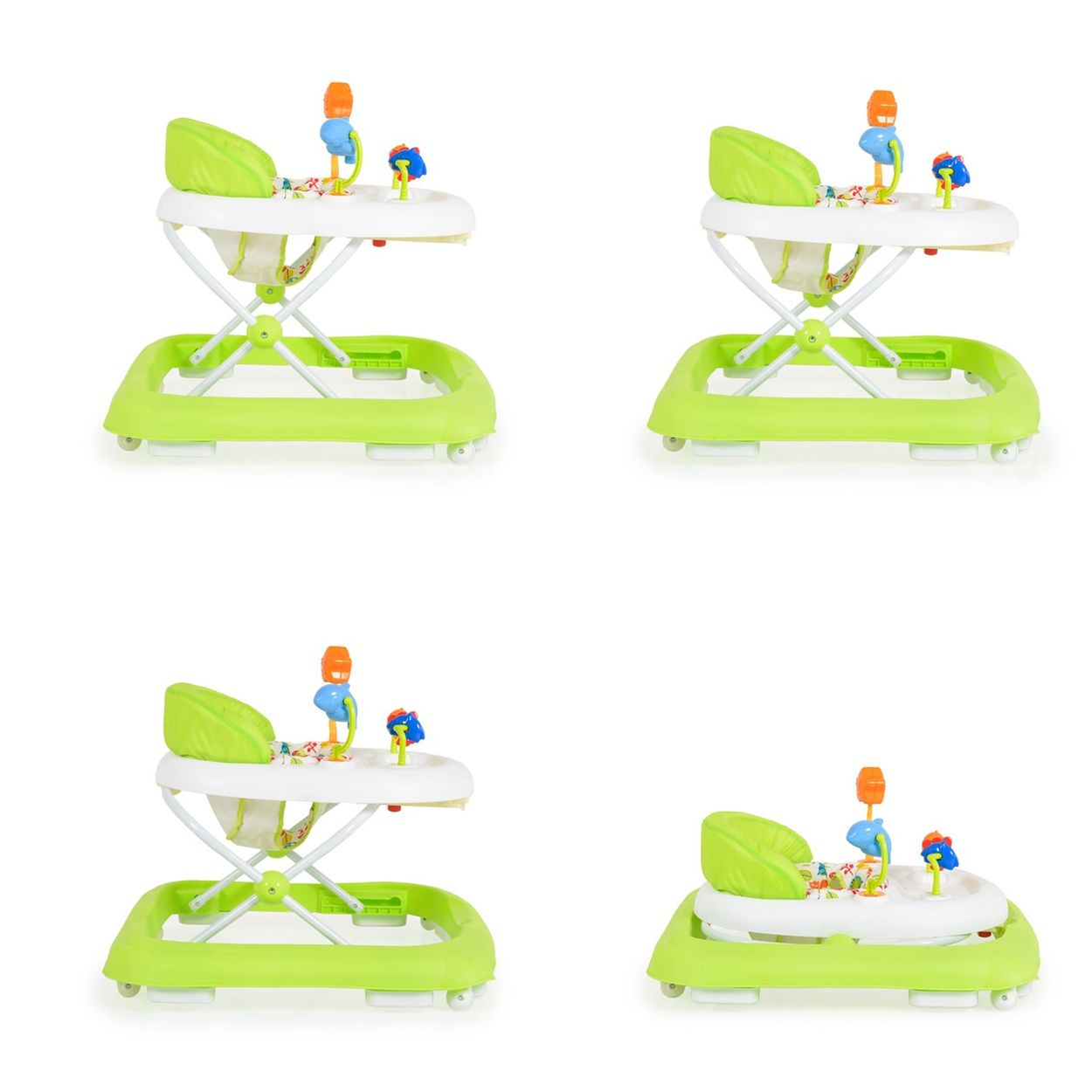 Ein grüner Baby-Gehwagen mit Spielzeug und Sitz auf weißem Hintergrund.