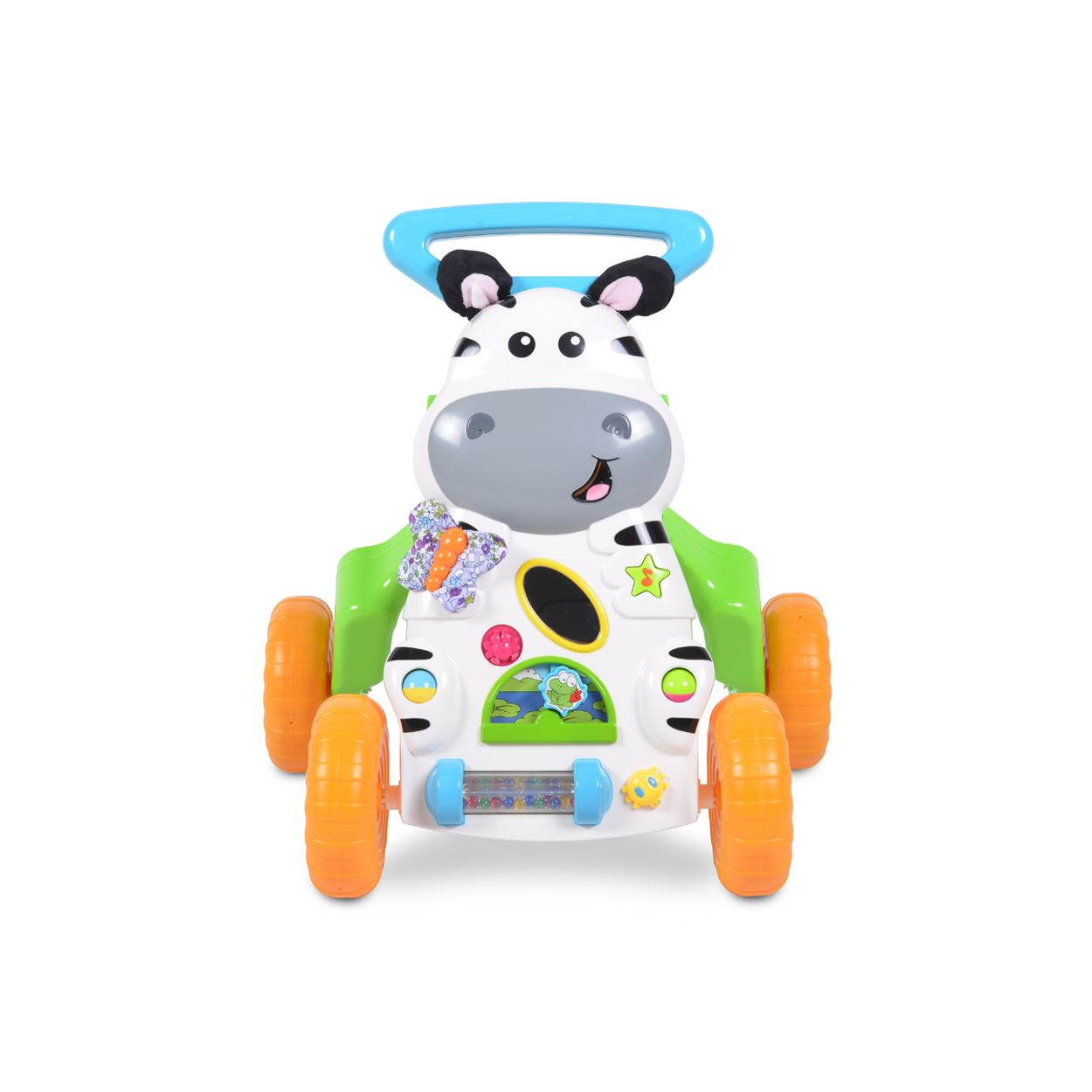 Ein weißes Baby-Lauflernspielzeug in Zebraform mit orangefarbenen Rädern und blauem Griff.