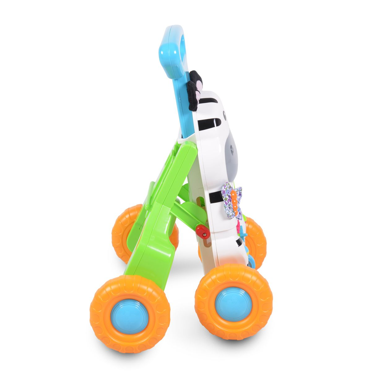 Ein bunter Lauflernwagen in Zebraform mit orangefarbenen Rädern und blauem Griff.