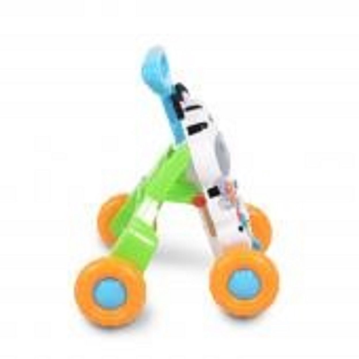Ein bunter Lauflernwagen mit grünem Gestell, orangen Rädern und weißem Korpus mit schwarzen Streifen.
