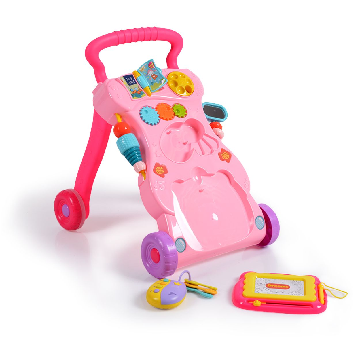 Ein rosafarbener Lauflernwagen mit Spielzeug, einem magischen Zeichenbrett und Schlüsseln.
