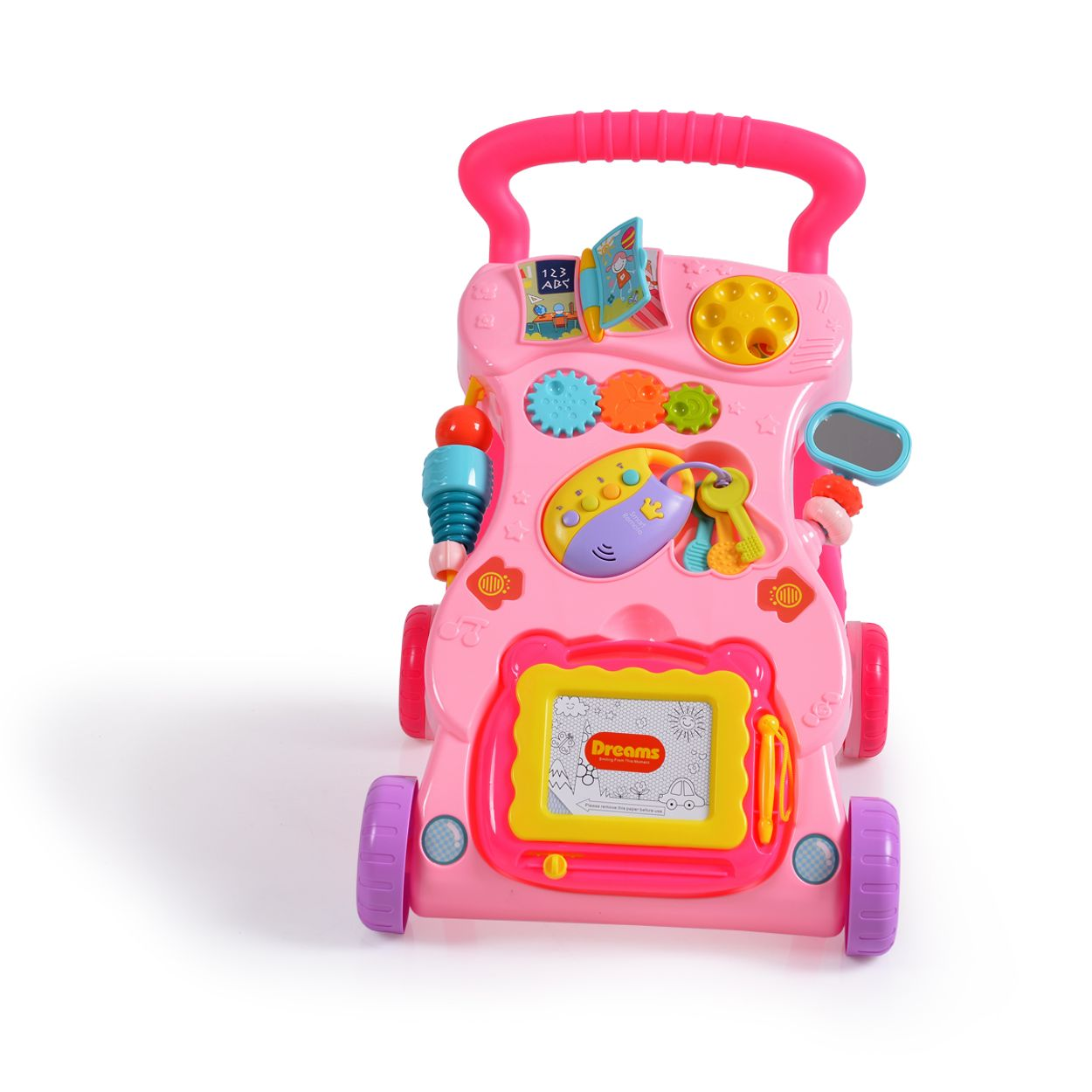 Ein rosafarbener Lauflernwagen mit bunten Spielzeugteilen und Rädern.