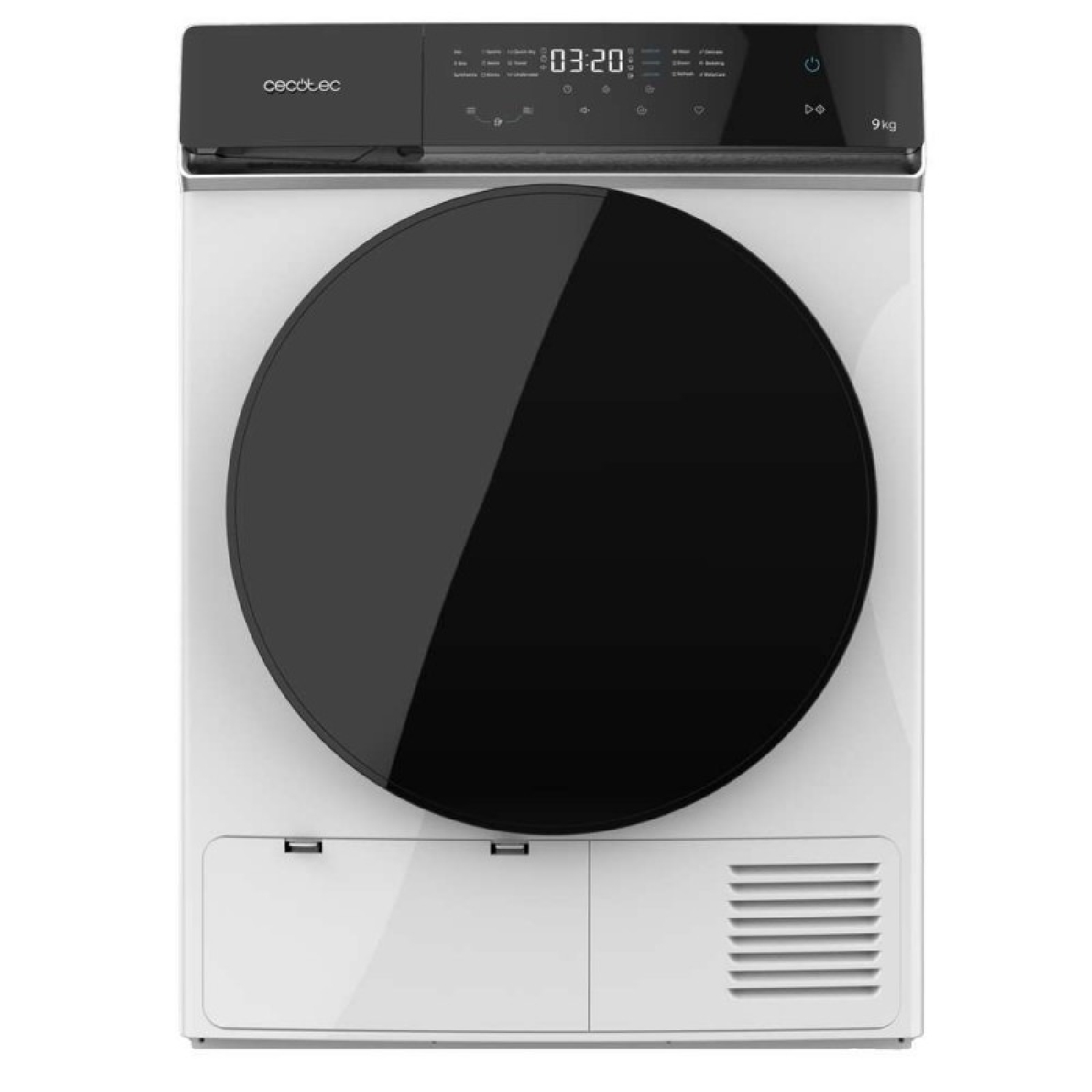 Máquina secadora blanca con puerta redonda negra y pantalla digital.