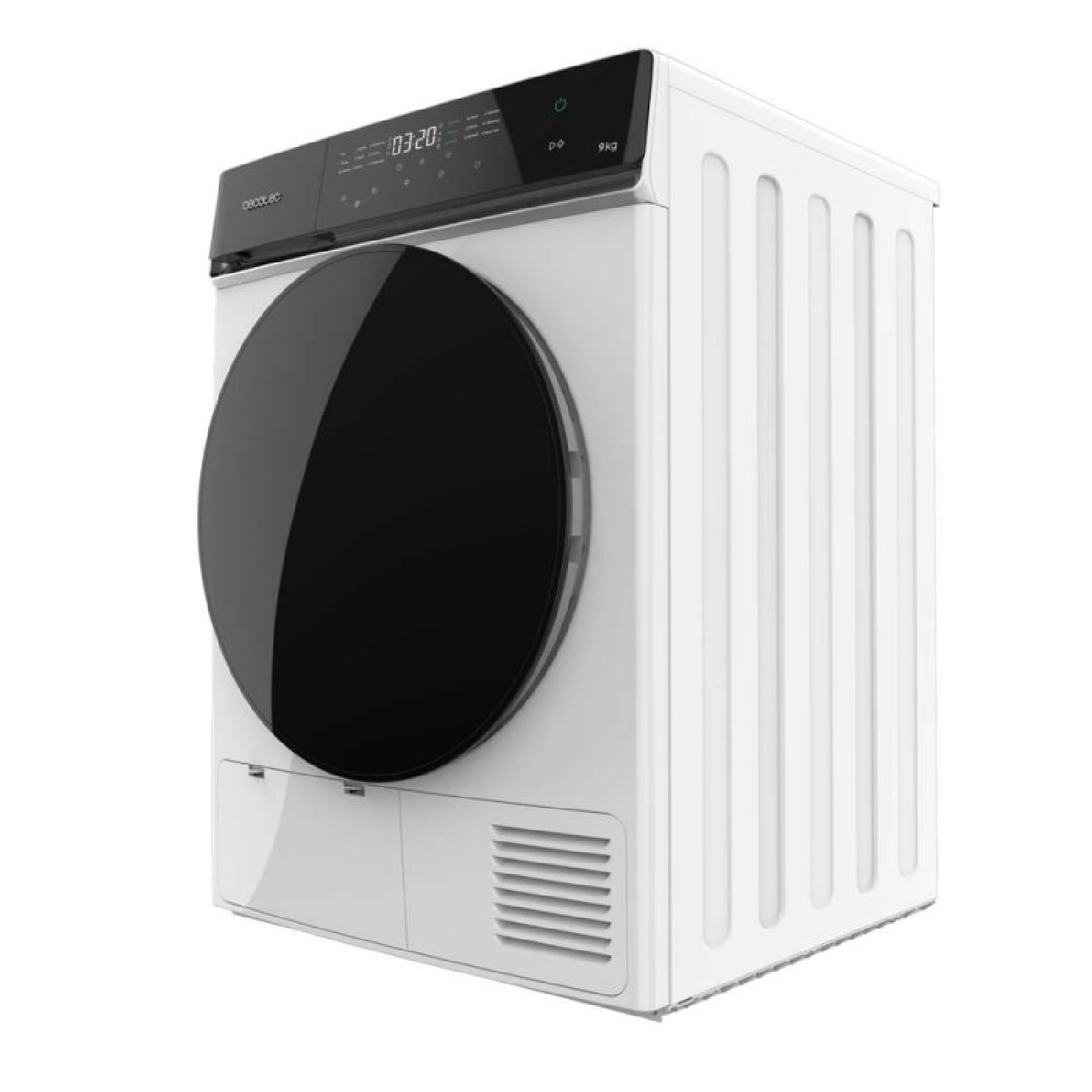 Una secadora de ropa blanca con puerta negra y pantalla digital.