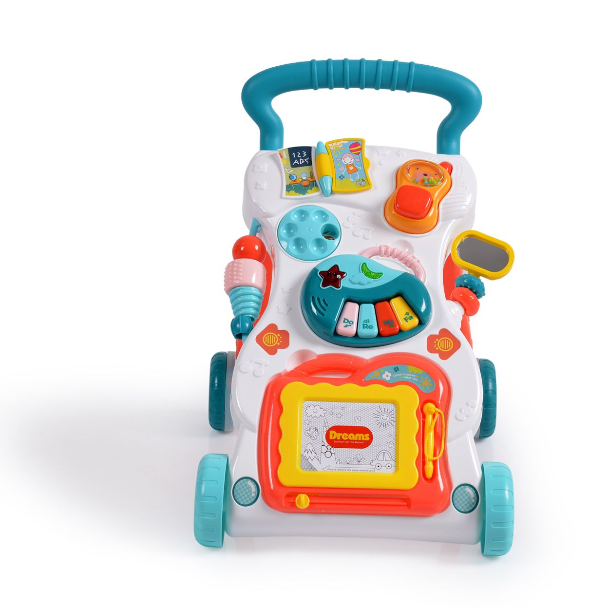 Ein weißer Spielzeug-Gehwagen mit bunten Knöpfen, Rädern und Griff.