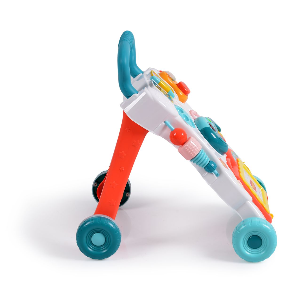 Ein bunter Baby-Lauflernwagen mit Rädern, Griff und Spielzeug.