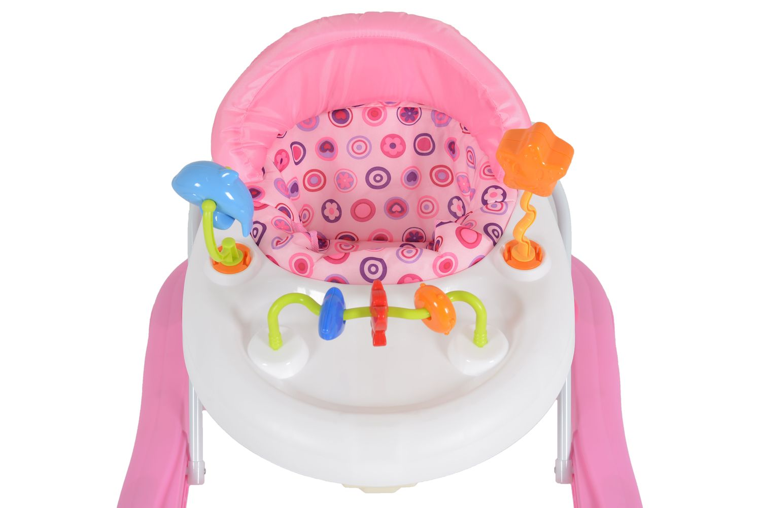 Ein rosa Baby-Gehfrei mit Spielzeug und einem Muster aus Kreisen und Blumen.