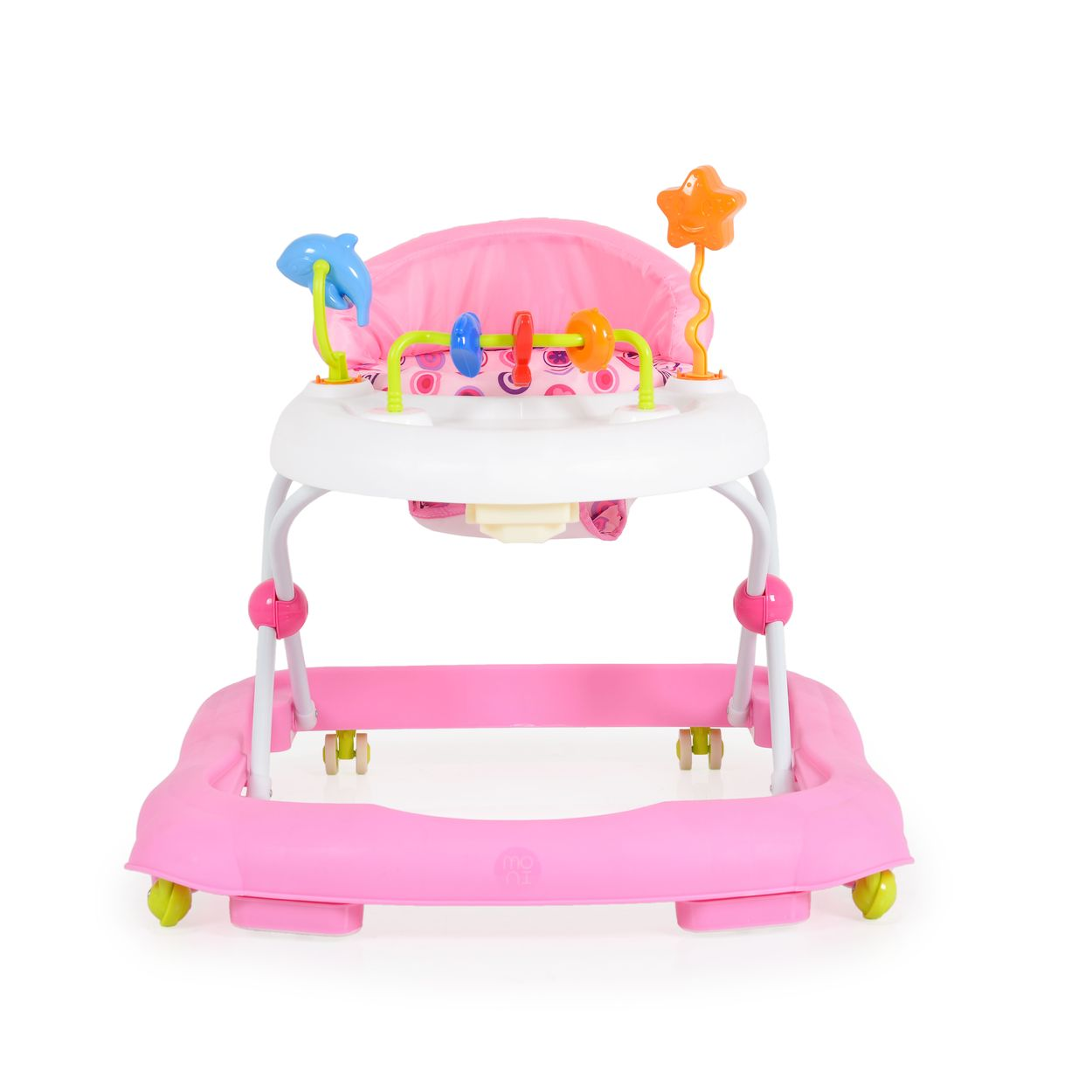 Ein rosafarbener Baby-Gehwagen mit Spielzeug und Rädern.