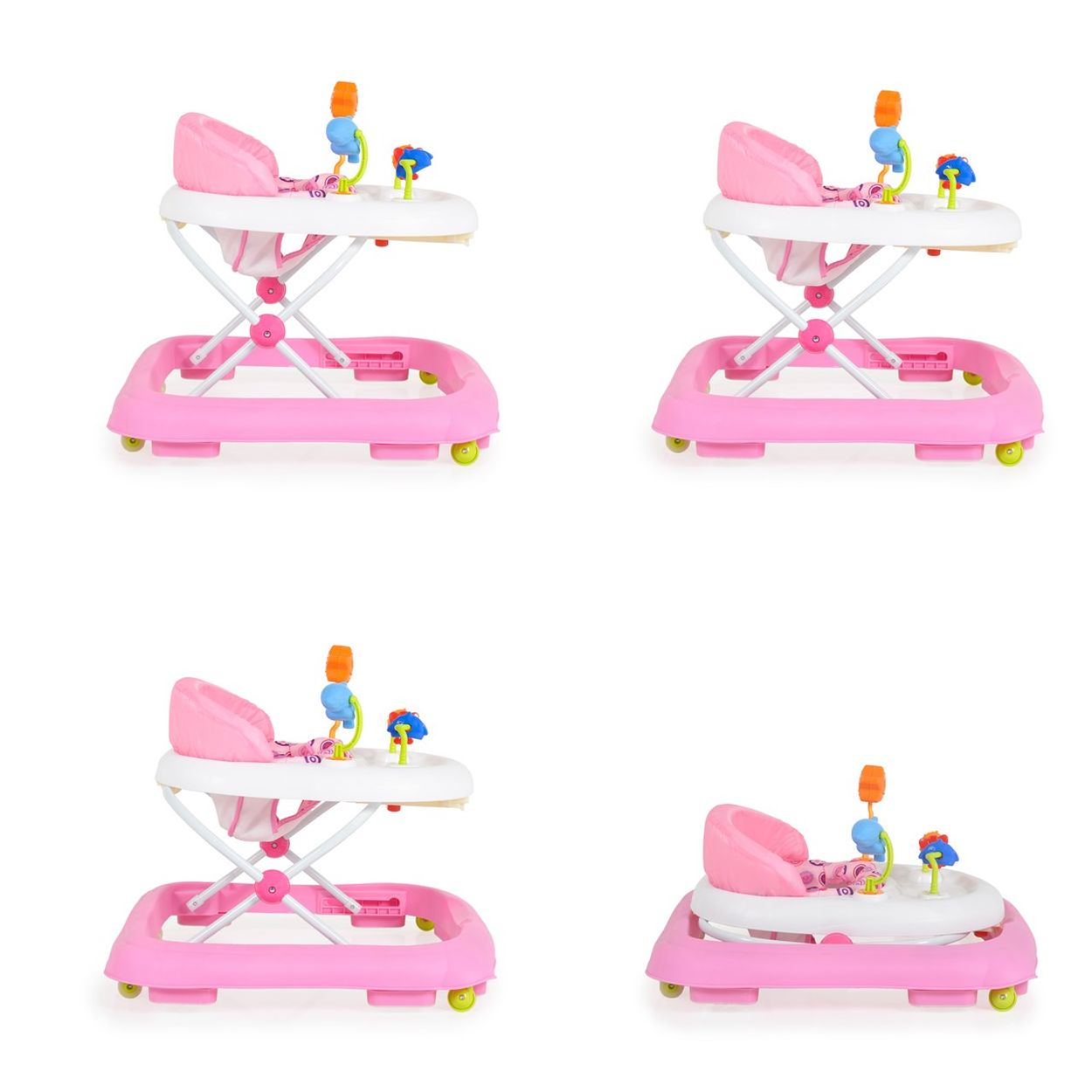 Ein rosa Baby-Gehfrei mit Spielzeug und Sitz. Weiße Tischplatte, bunte Spielsachen.