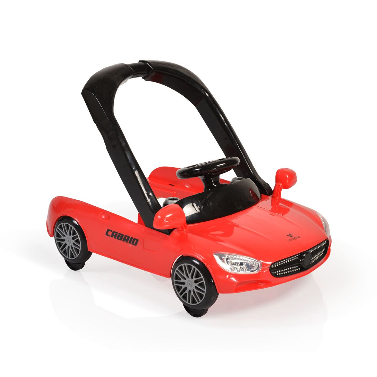 Ein rotes Kinderauto mit schwarzem Lenkrad und Schiebegriff. Cabriologo.